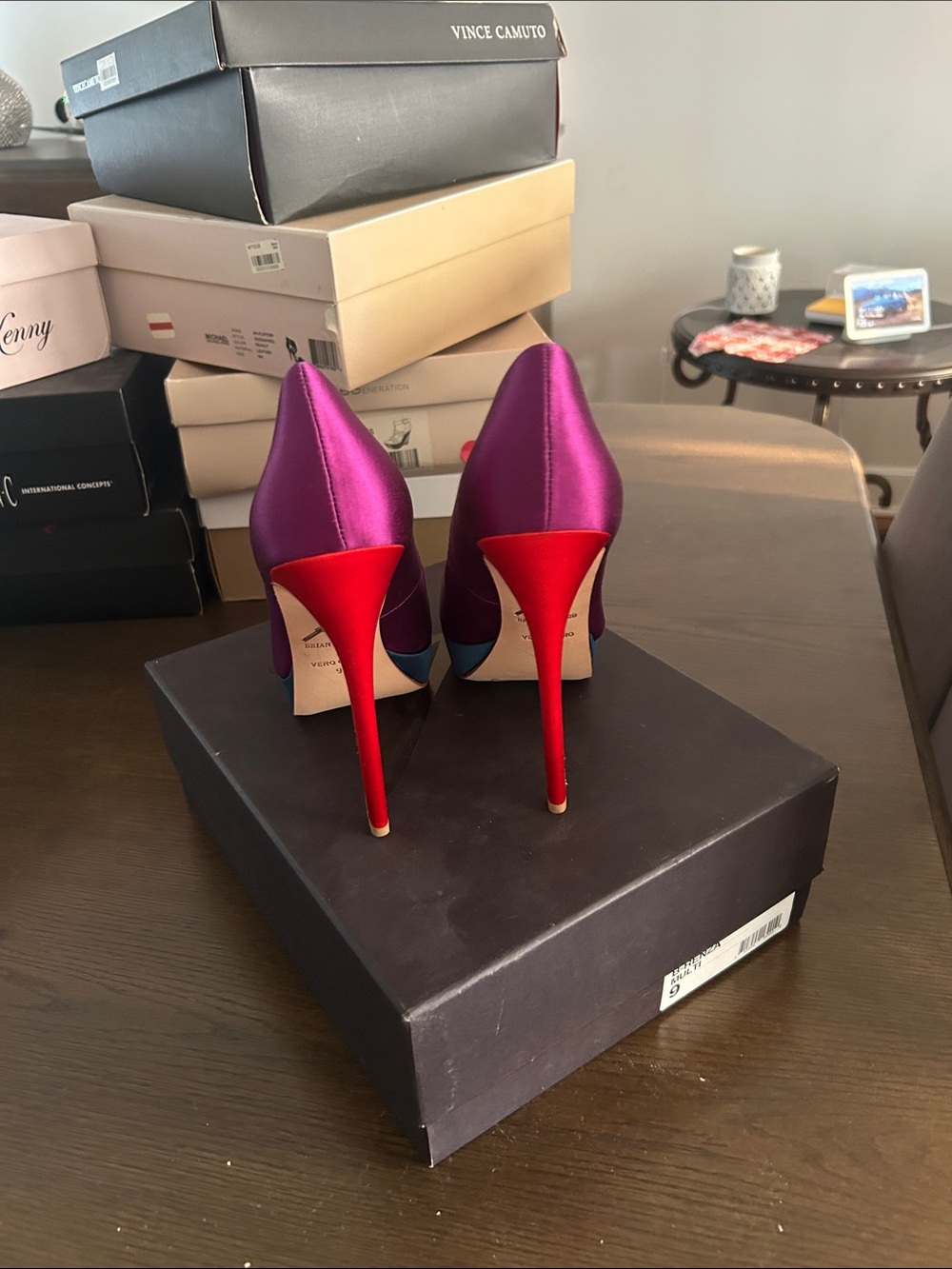 Purple Satin High Heel Peep-Toe Pumps with Red Heel - Picture 3 of 4